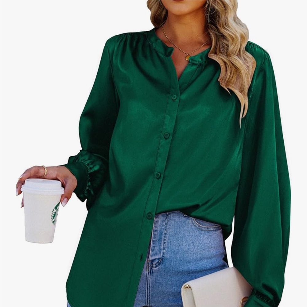 Women Green Satin Button-Up Henley Blouse